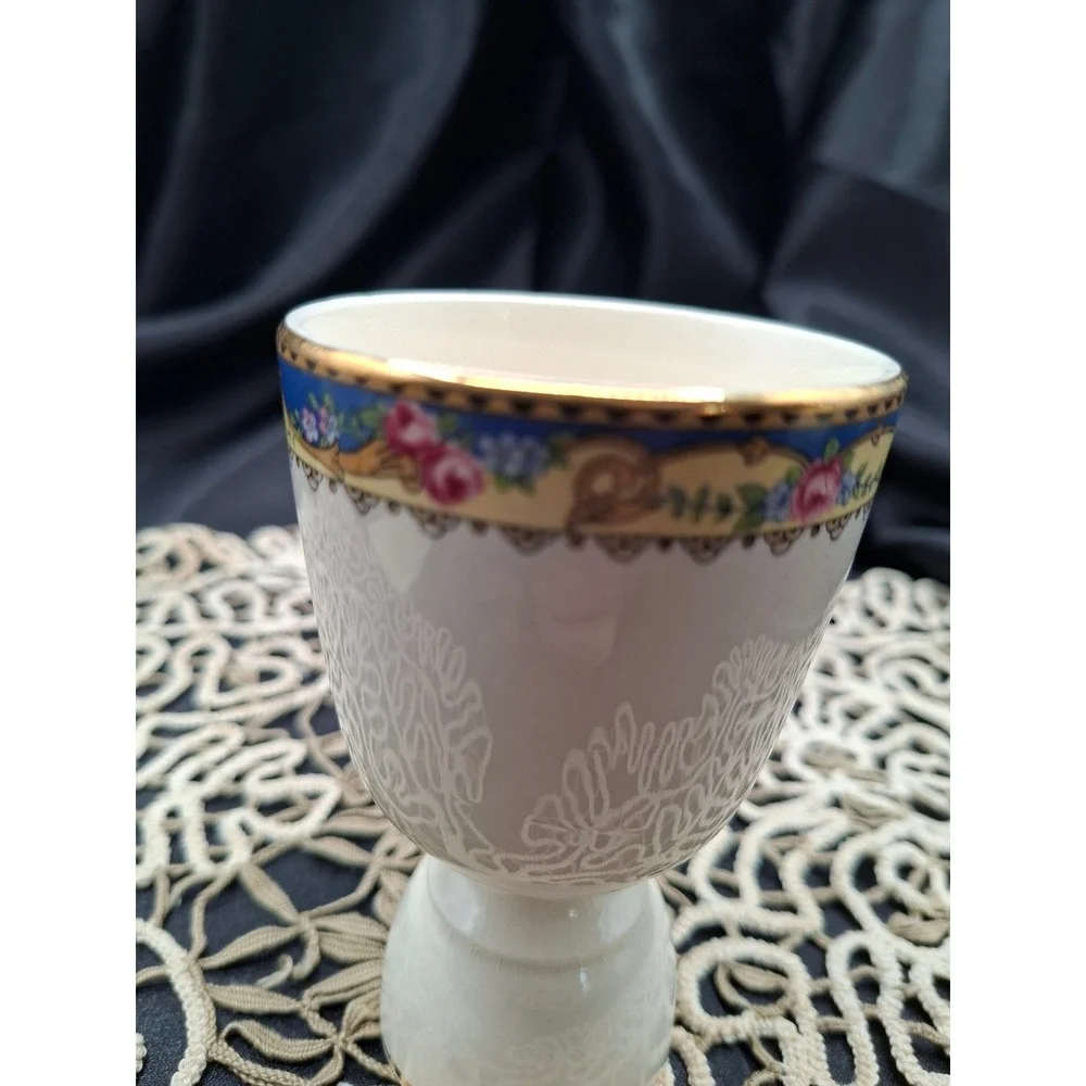 Vintage Porcelain Double Ended Egg Cup Floral Rose Gold Trim Gilt Ceramic